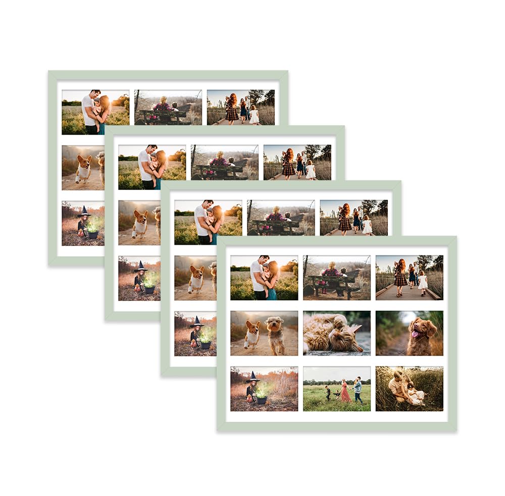 Mint Green Multi Photo Frame - Holds 9 x 6x4 Pictures, Family Collage Picture Frame for Wall Display, 20x16 Frame size, Set of 4
