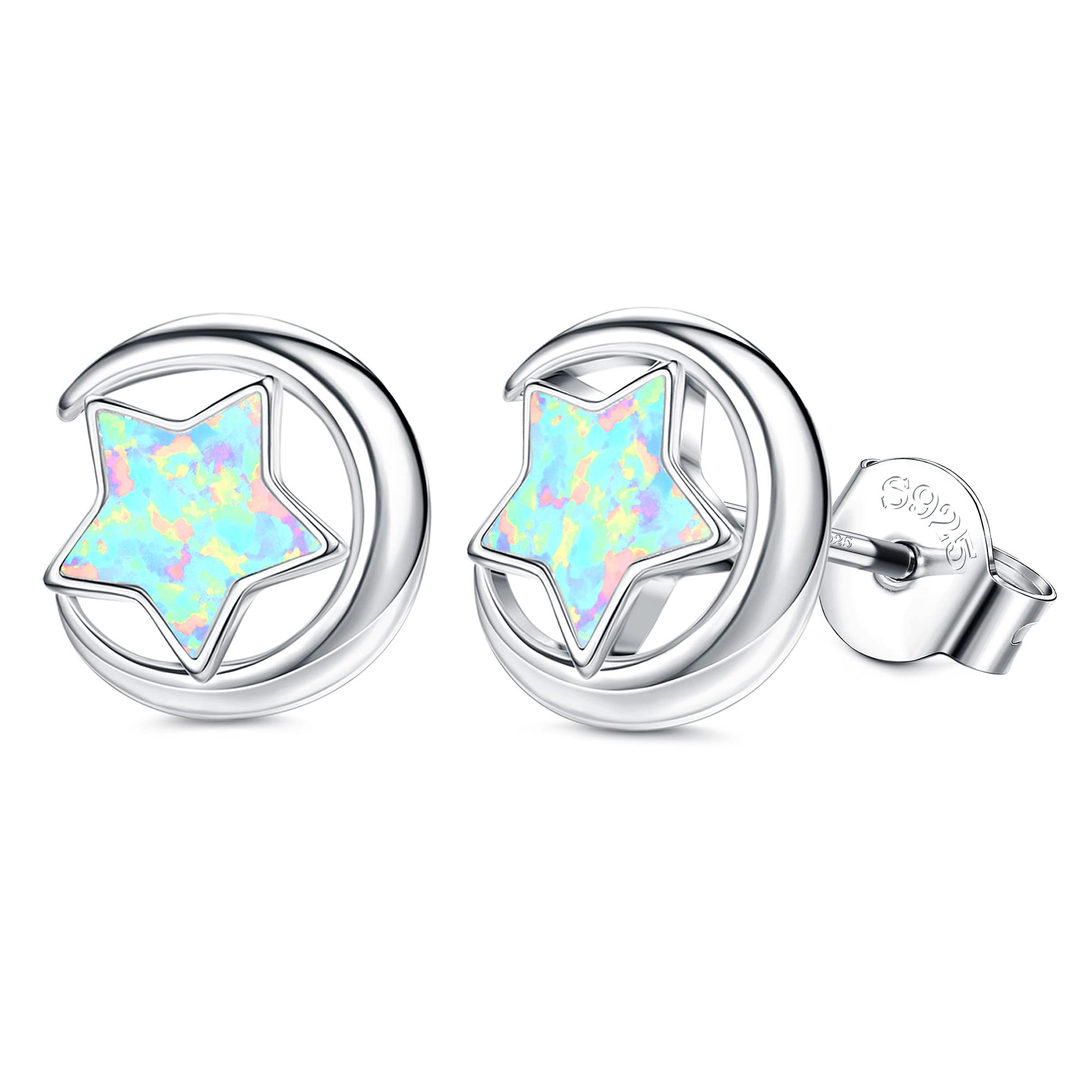 ORAZIO Pendientes de Plata de Ley 925 con ópalo Star Cat Round Cut Opal Pendientes para Mujeres Niñas Pequeño Tiny Cute Pendiente Joyería Regalos para Oídos Sensibles