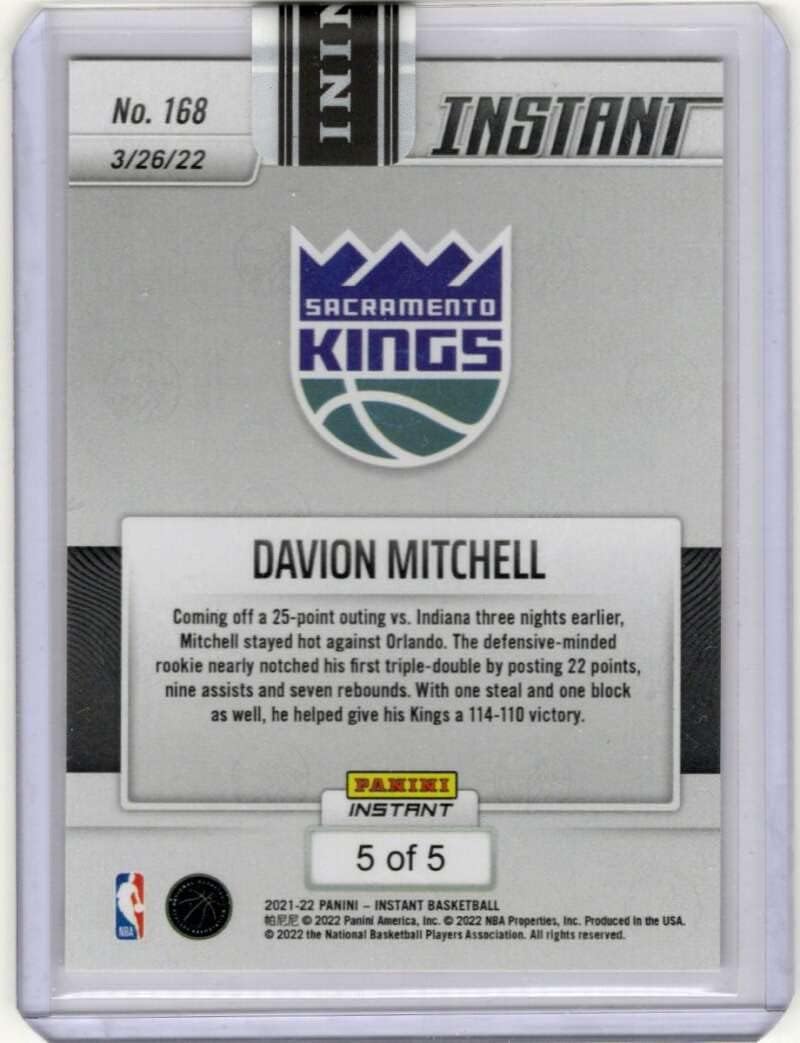 DAVION MITCHELL RC SSP 2021-22 Panini Instant Versicolor /5#168 ROOKIE Kings MT-MT+ NBA Basketball