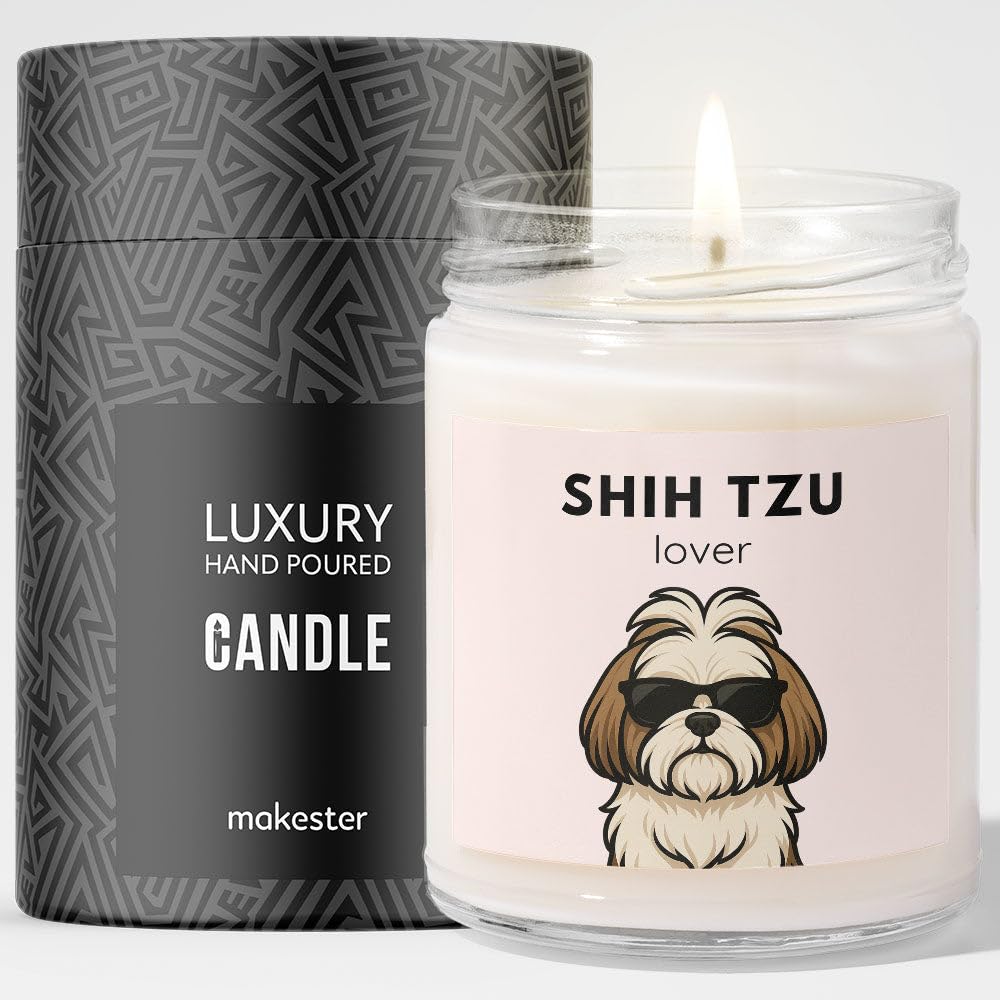 Shih Tzu Gifts - Luxury Soy Wax Candle - Vanilla, Jasmine, Sugared Almond - Dogs in Shades - Makester