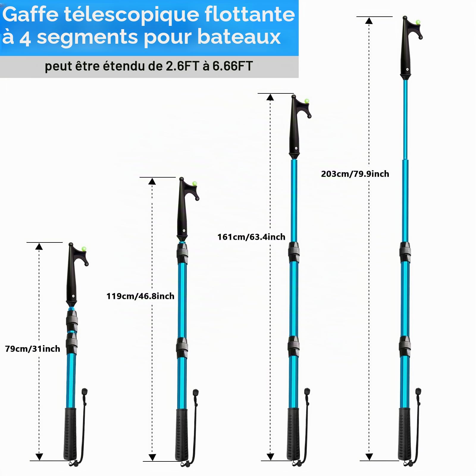 KOMCLUB Gaffe Télescopique - Crochet de Bateau Marin 140cm-200cm Perche Télescopique en Aluminium avec Perle Lumineuse Poignée Longe de Pêche Antidérapante
