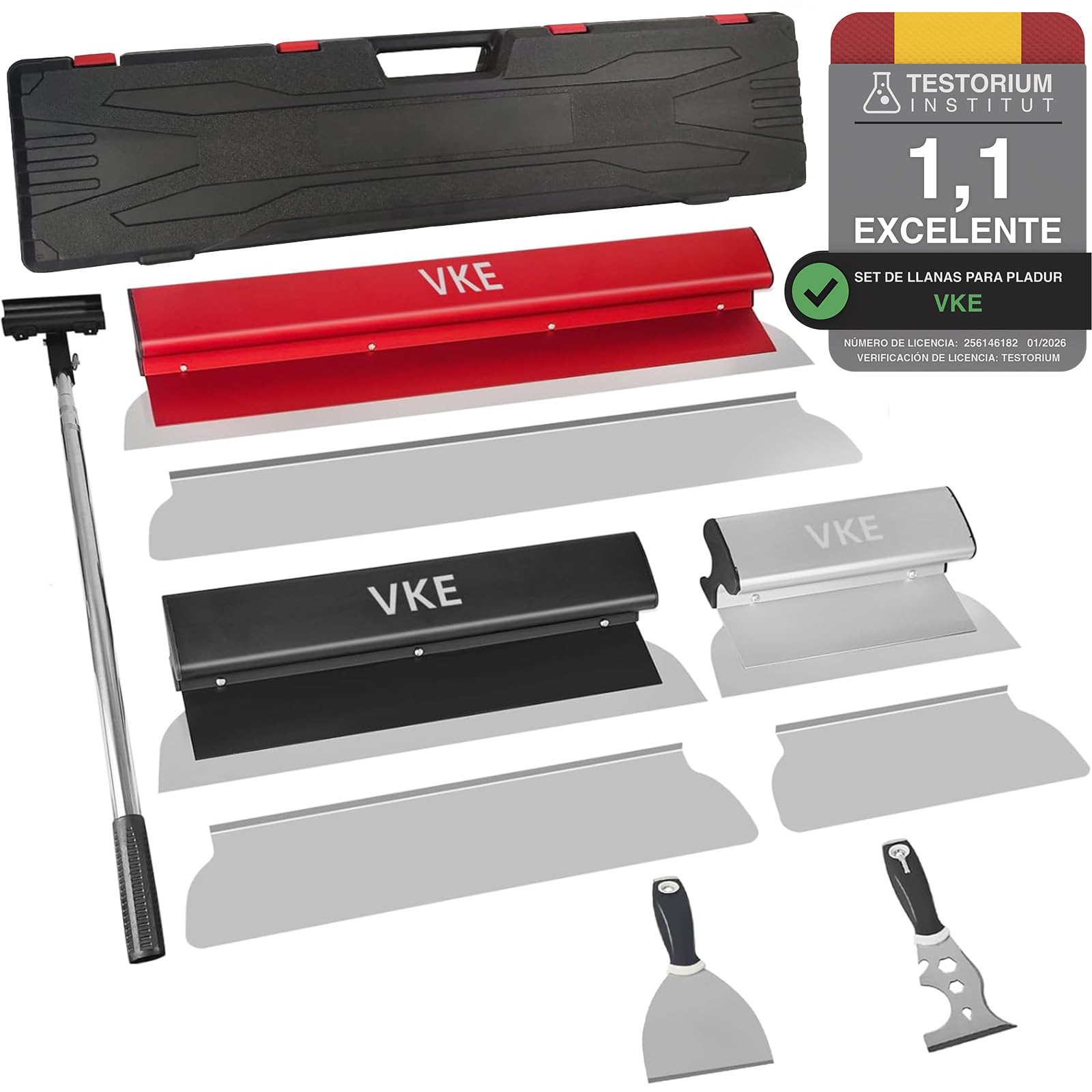VKE Kit Coltelli da rivestimento, Spatola rivestita professionale con manico telescopico, perfetto liscio in acciaio 25/40/60 cm, strumento VKE Llana Para Alisar Paredes Grandes de 8 Piezas