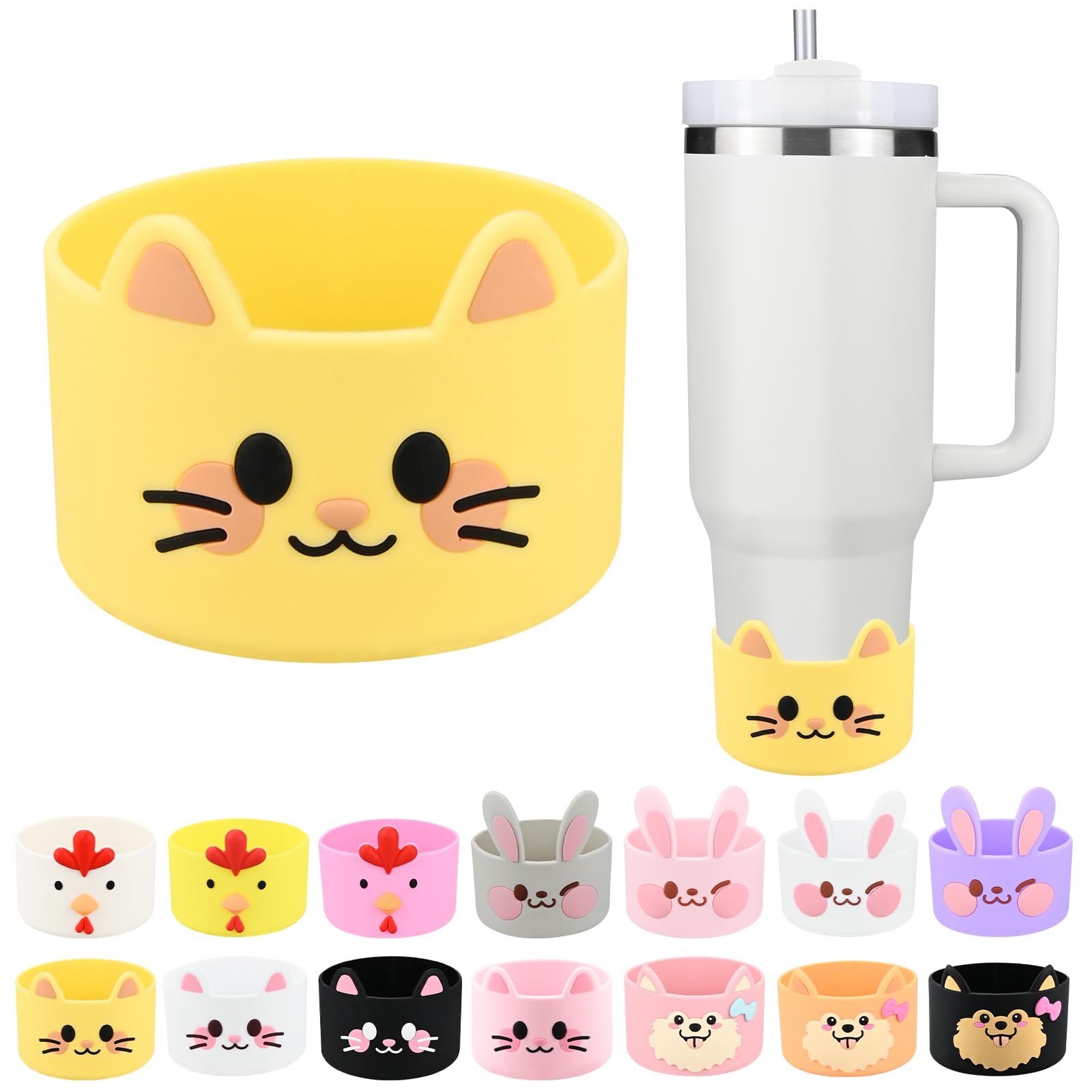 Cute Animal Silicone Boot for Stanley 40 oz, Bottle Bottom Protector Cover for Tumbler, Stanley Cup Boot 20 30 oz, Cup Accessories for Quencher IceFlow (Cat-Yellow)