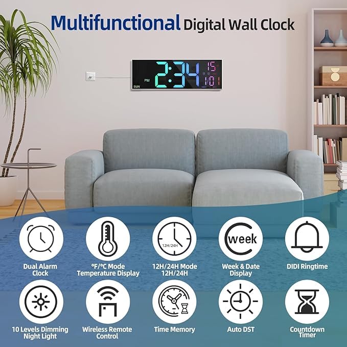 Image of LED Digital Wall Clock Hanging, Auto-Adjustable Brightness, Easy to Read at Night12 /24Hr Auto-Adjustable Brightness Temperature,for Bedroom,Living Room,Office. (Rainbow)