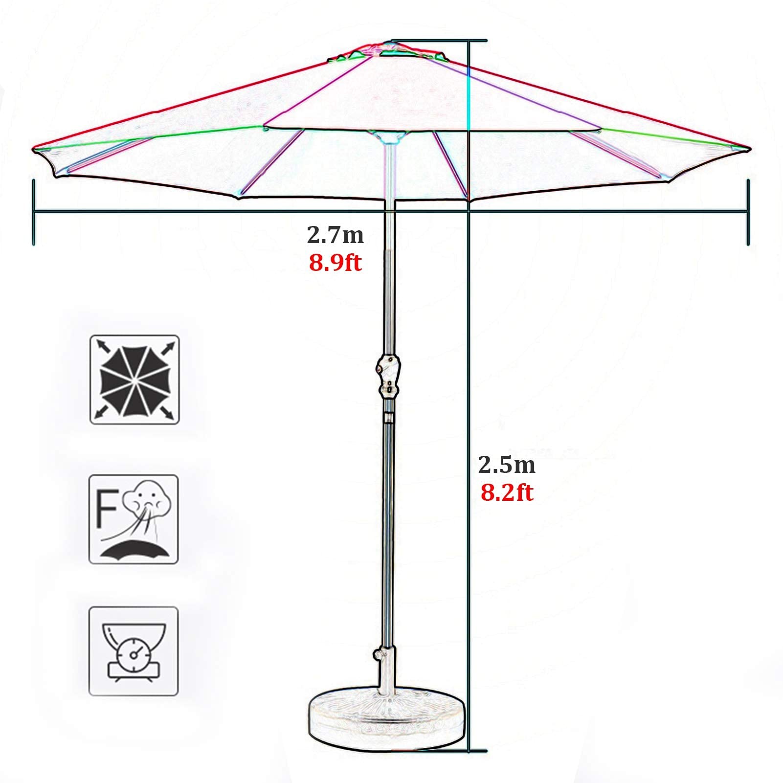 Beżowy duży parasol ogrodowy - 2,7 m, 8 żeberek, zewnętrzny parasol stołowy, na podwórko przy basenie plażowym, z korbą i stalowym słupkiem