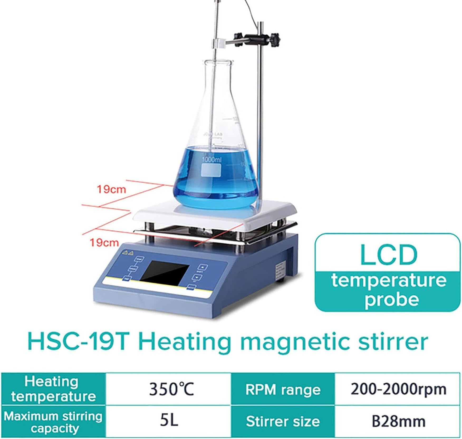 Equipo De Laboratorio: Agitador Calefactor Led De 5 L, Agitador Magnético Inteligente De 600 W con Sonda De Temperatura, Placa Calefactora De 19 × 19 Cm (1 Unidad).,