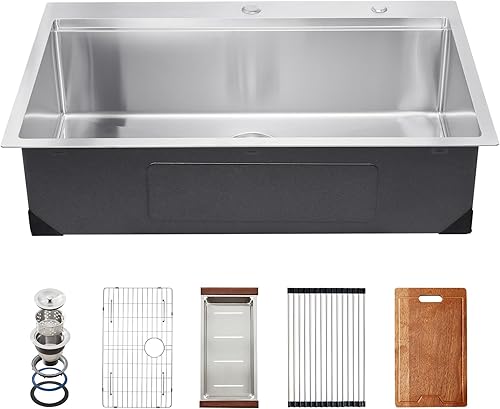 VEVOR Fregadero de cocina de 33 pulgadas, fregadero de acero inoxidable 304 con montaje superior, lavabo de granja de un solo tazón con reborde y