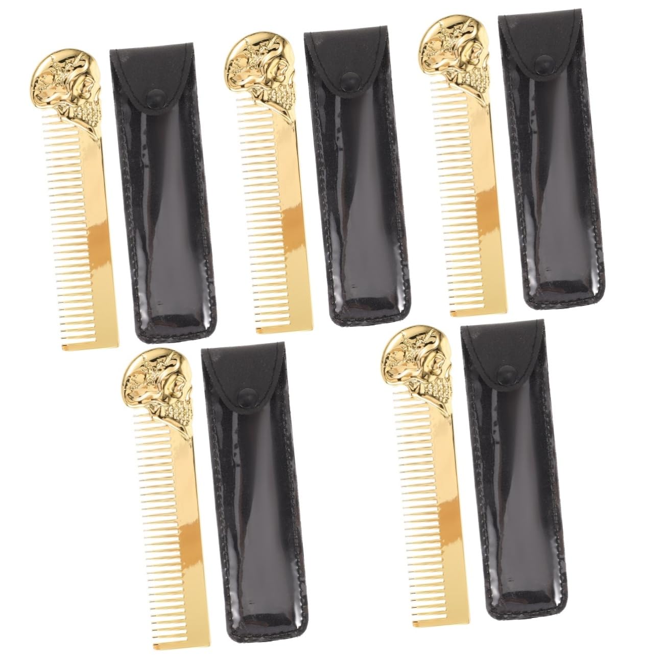 Didiseaon 5 Pièces Peigne À Cheveux À L'Huile Et Peigne À Barbe Pour Hommes De Style Crâne De Coiffure Portable Tête De Mort Double Face S05-8 Or + Étui En Cuir
