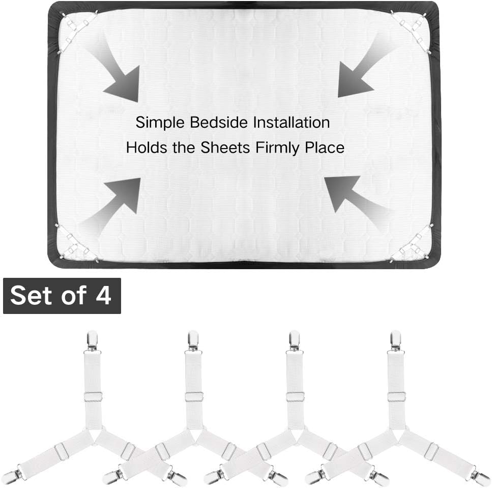 Bed Sheet Fasteners, 4 PCS Adjustable Triangle Elastic Suspenders Gripper Holder Straps Clip for Bed Sheets,Mattress Covers, Sofa Cushion
