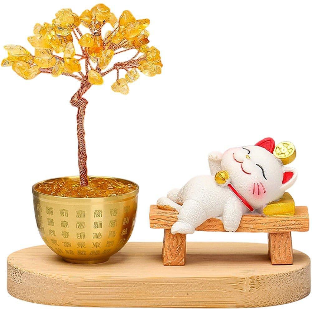 Hrippy Resin Lying Lucky Cat Bonsai Figurine, Tree Desktop Ornament for Office Feng Shui Decor Housewarming Gift