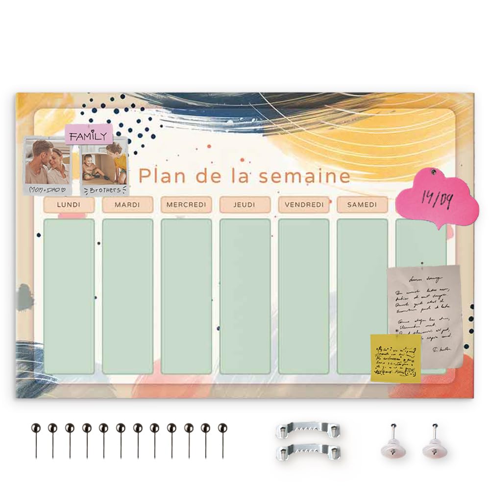 decomonkey Canvas Planner Pin Board with 50 pins - 47.2" x 31.5" / 120x80 cm Fibreboard Push pin Wall Art - Bedroom Office Living Room - Weekly Planner French