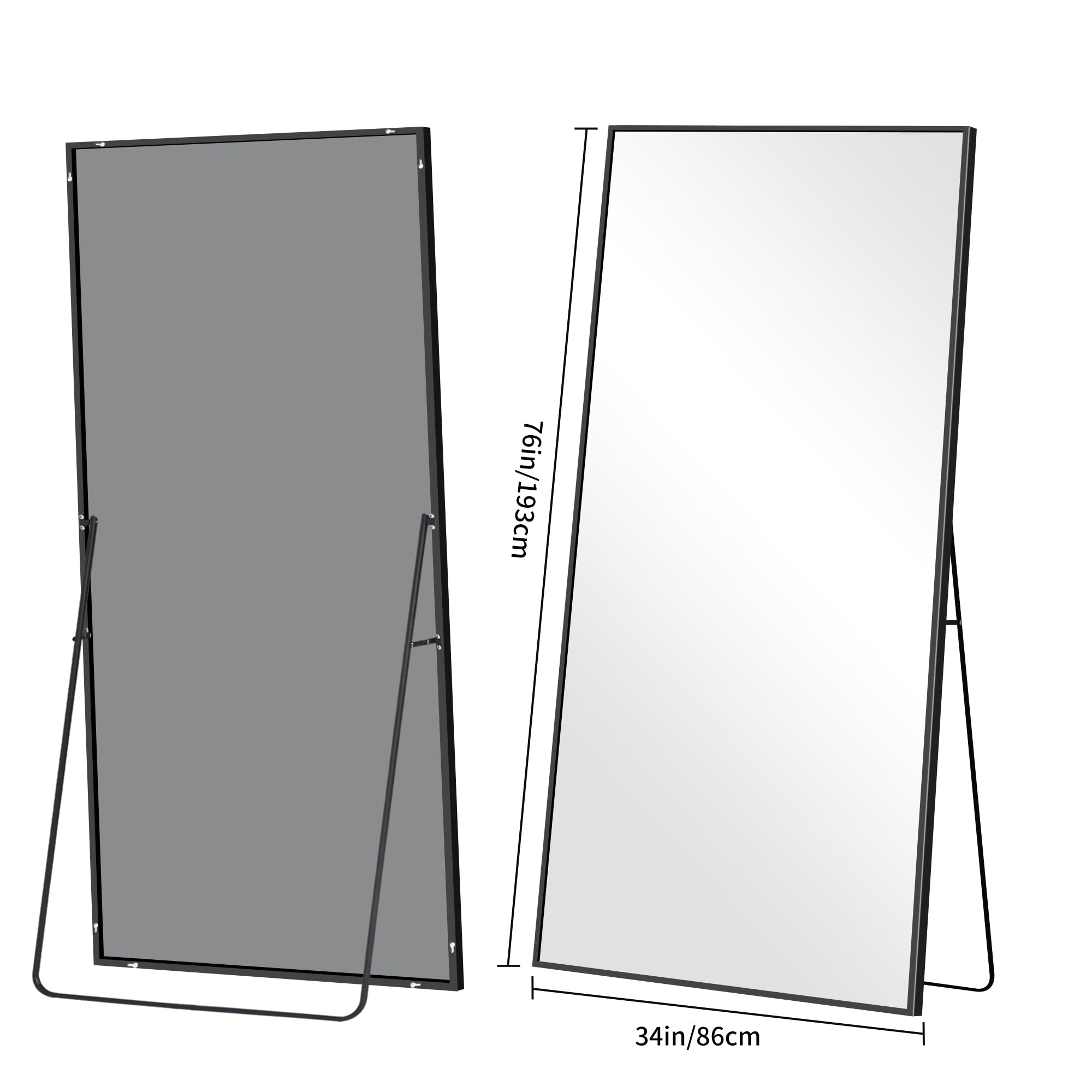 BONEWEI Spiegel in volledige lengte, 192 x 85 cm, rechthoekige staande spiegel, zwart aluminium frame, grote staande spiegel om op te hangen of tegen de muur te zetten, voor slaapkamer, woonkamer