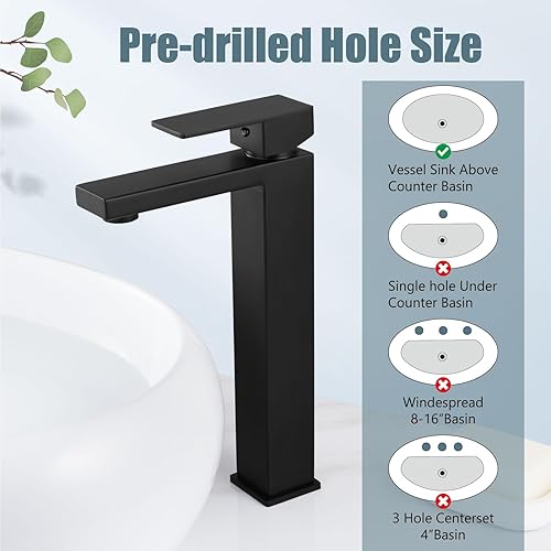 Miniatura 3 de Aolemi Grifo de lavabo de recipiente negro mate, grifo de baño alto de acero inoxidable SUS304 1 agujero montaje en cubierta lavabo RV mezclador