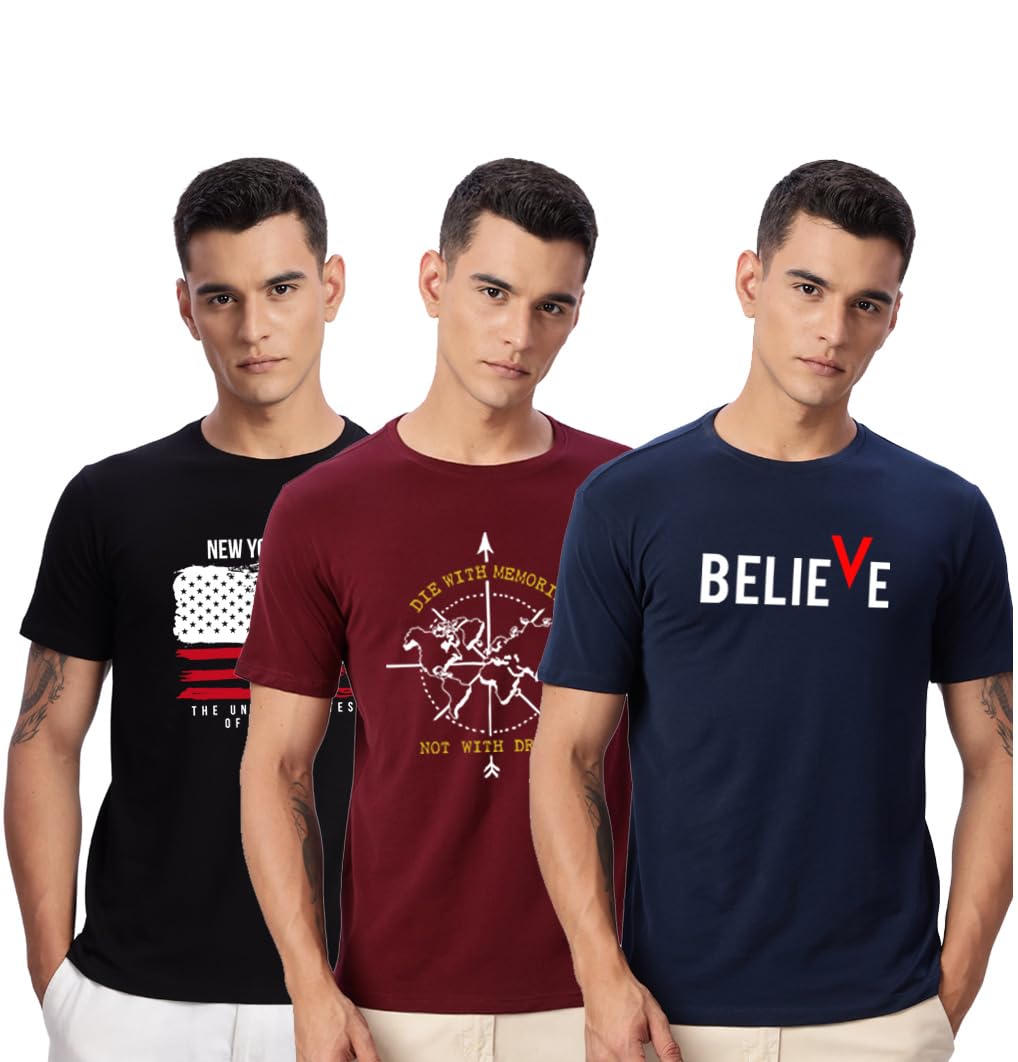 ADRO 100% bawełna licra t-shirt męski 3-częściowy krój normalny krój T-shirt z nadrukiem, okrągły dekolt, pół rękawa