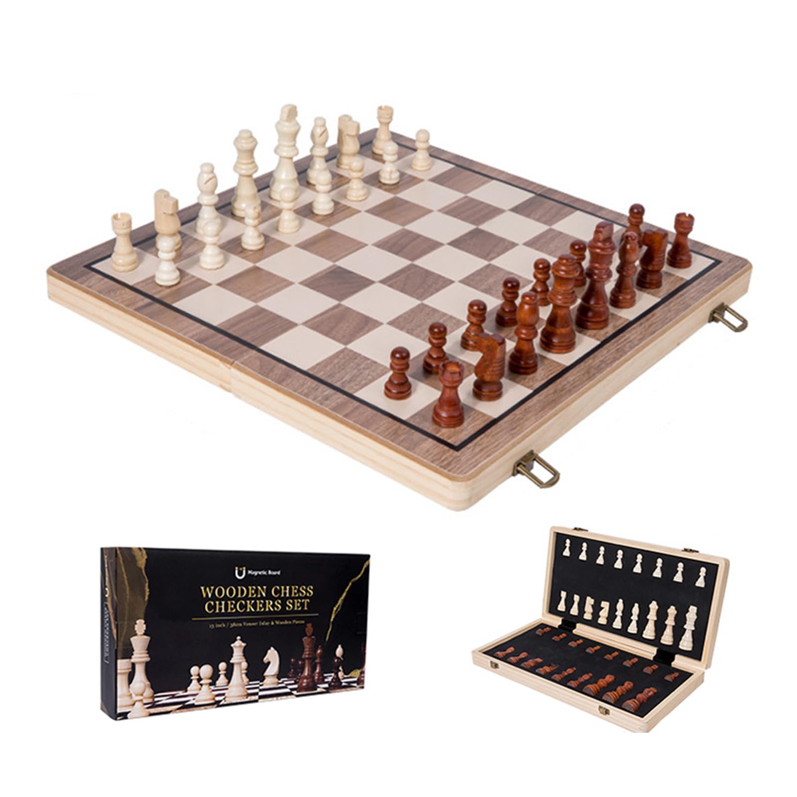 Jeu D'échecs En Bois Magnétique – échiquier Pliable 29x29 Cm, Pièces Aimantées, Base Velours, Rangement Intégré, Voyage Et Famille
