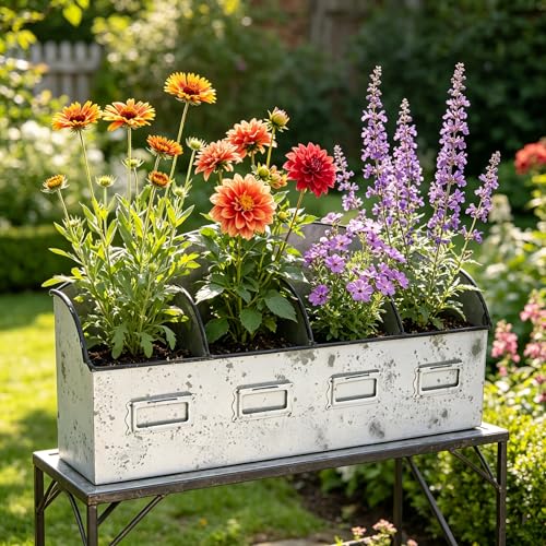 Xynthorvex Rustic 4-Compartment Metal Planter Box, Distressed Galvanized Farmhouse Planter for Indoor Outdoor Herbs Succulents Flowers, Vintage Decorative Plant Pot for Home Patio Garden Decor