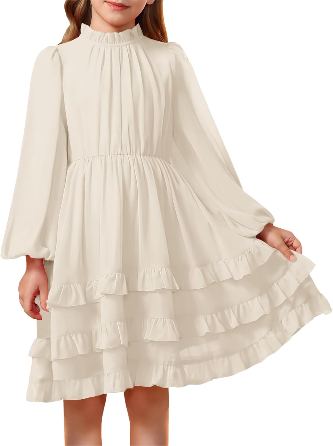 MITILLY Girls Elegant Long Sleeve Crew Neck Ruffle Flowy Formal Wedding Party Midi Dress for Kids 6-12 Years MITILLY Girls Elegant Long Sleeve Crew Neck Ruffle Flowy Formal Wedding Party Midi Dress for Kids 6-12 Years