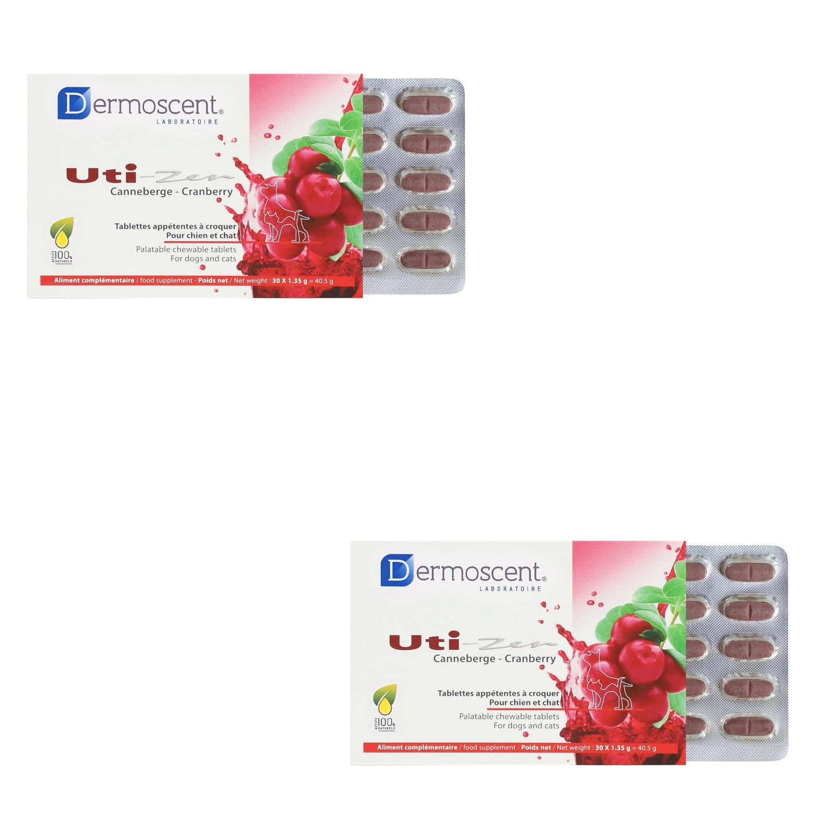 Dermoscent UTI-Zen | Doppelpack | 2 x 30 Kautabletten | Ergänzungsfuttermittel für Hunde & Katzen | Mit Kranbeeren-Pulver