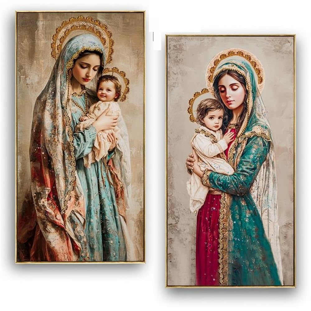 Tableau Vierge et enfant cadre doré pour sérénité de la maison