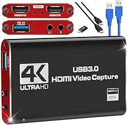 Placa de Captura HDMI 4K USB 3.0, Captura de Vídeo e Áudio para Streaming, Compatível com Windows/Linux/MacOS, Entrada HDMI para Consoles e Câmeras, Nintendo Switch e video streaming
