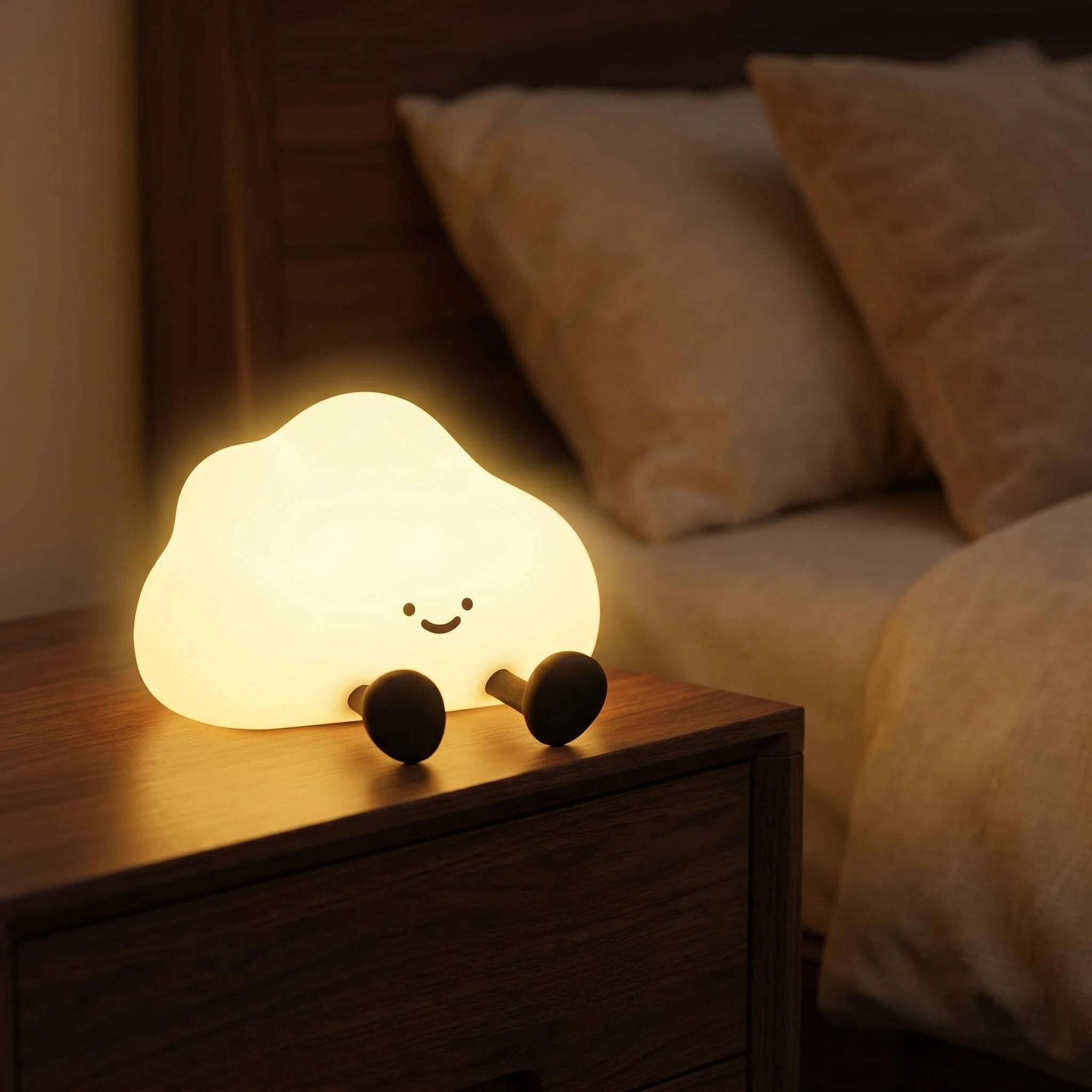 PORUPAEL Cloud Night Light, Cute LED Silicone Squishy Lamp, USB Rechargeable & 3-Level Dimmable, Portable Bedside Touch Night Lamp with Timer, Gift for Girls, Boys, and Teens