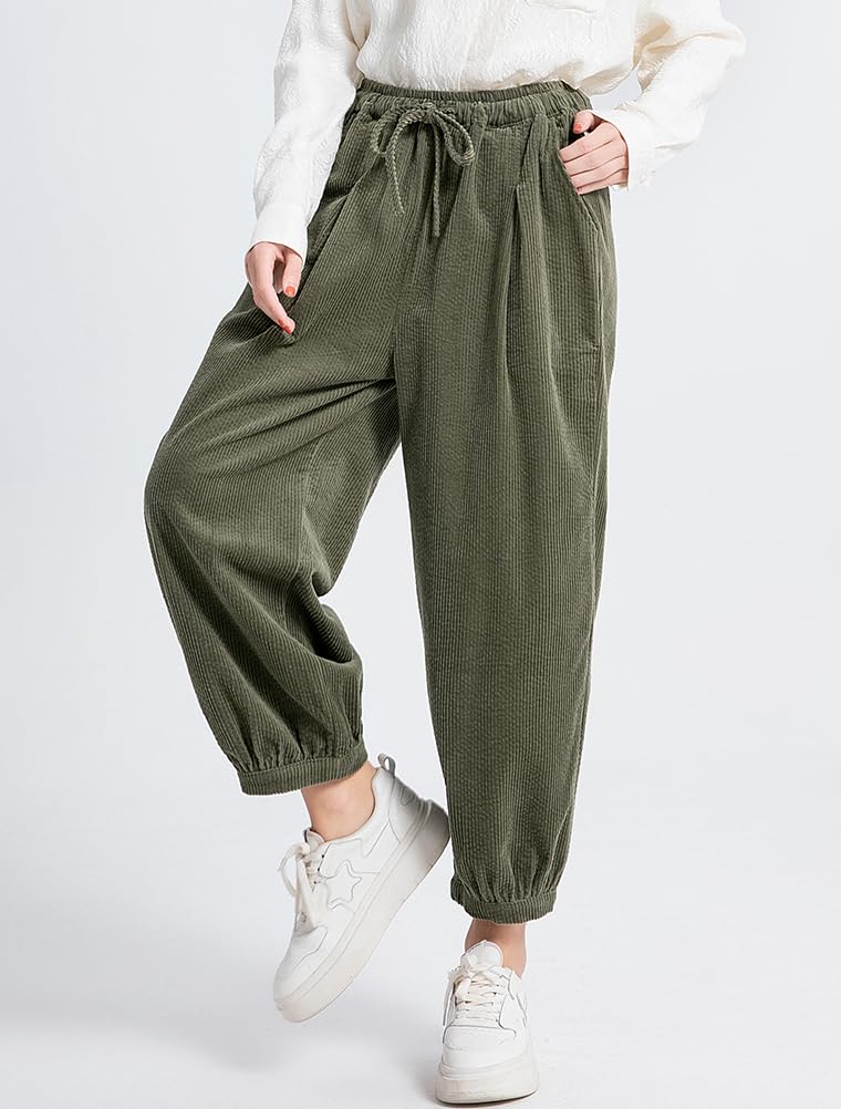 FTCayanz Pantalon Femme Velours côtelé Ample Sarouel Coton Tapered Trousers Élastiquée Taille Bloomers Pants