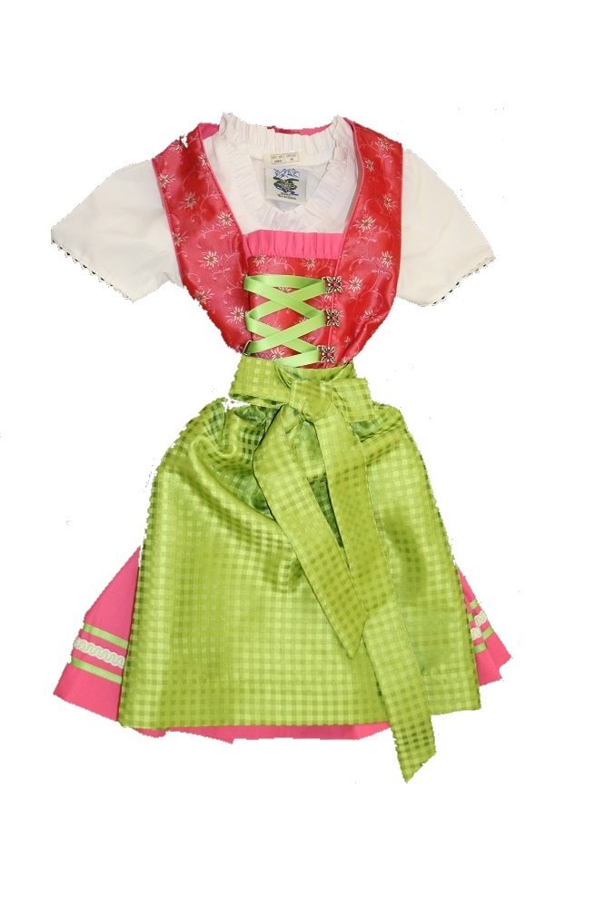 Odświętny dziecięcy Dirndl różowy z bluzką i zielonym fartuchem do stroju ludowego, rozm., Rosa, 92 cm