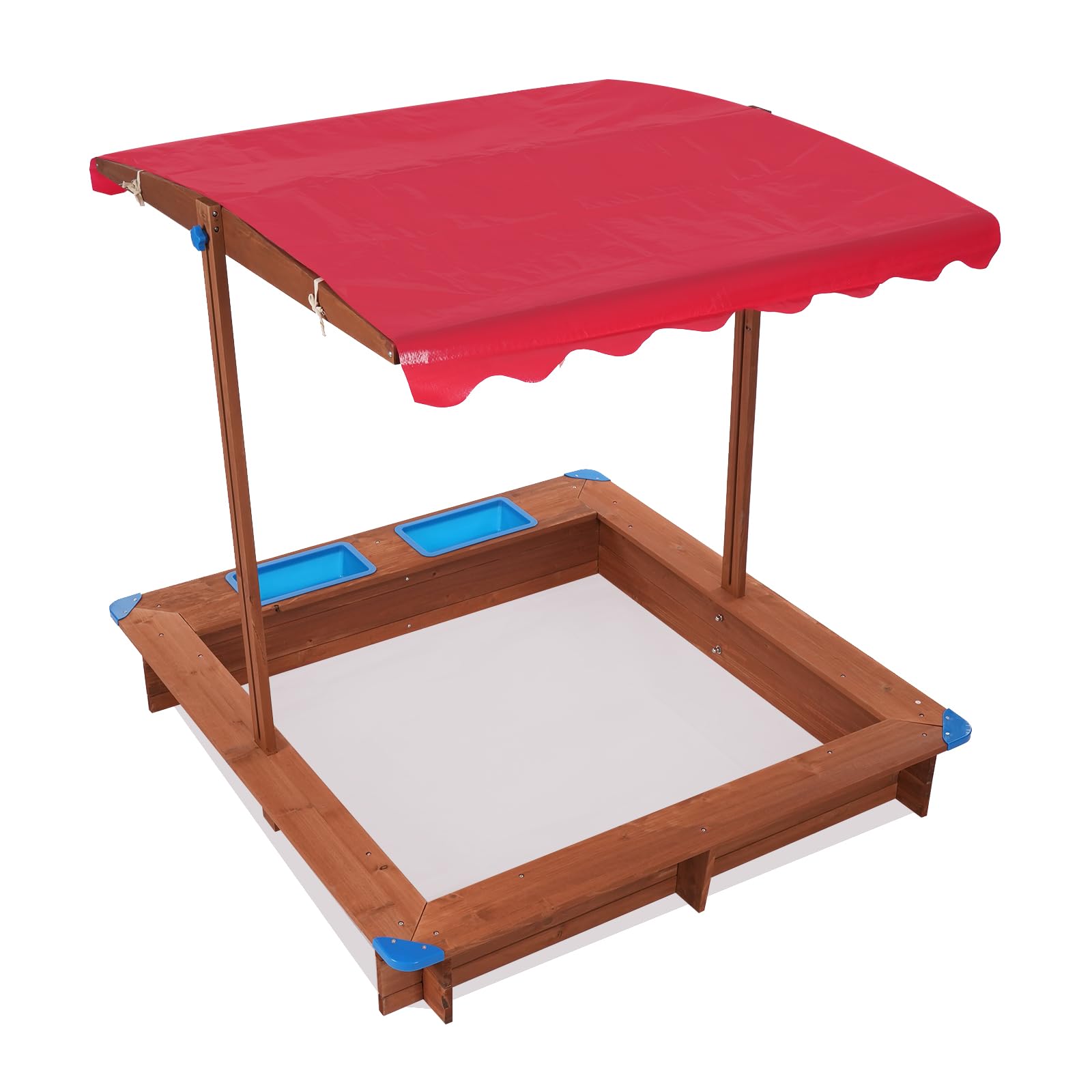 Sandkasten mit Dach 126x121x118cm Holzsandkasten mit Abdeckung & Matschküche für Kinder Sandkiste aus Holz mit praktischem Sitzflächenrand für Outdoor und Garten (Rot, Braun)