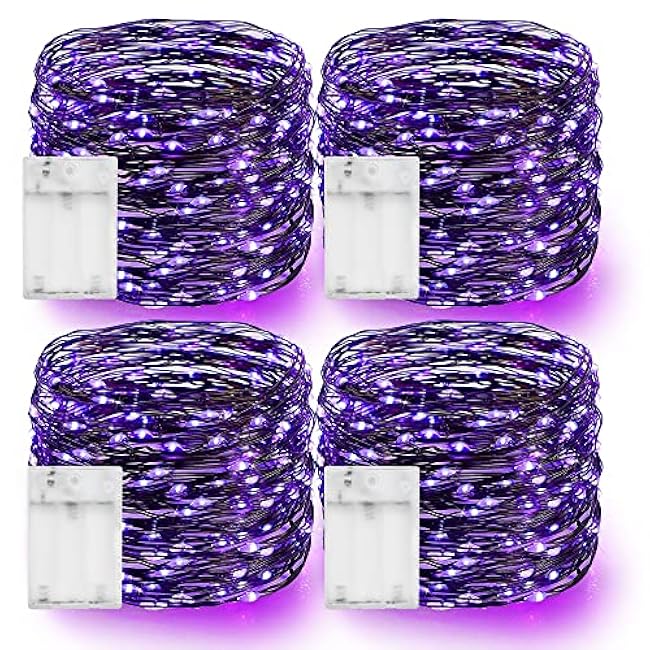 Dazzle Bright Purple Fairy String Lights, 4 Pack Total 80FT 240LED Copper Wire Battery Operated Waterproof Lights, Halloween Decorations for Indoor Home Outdoor Patio Yard Party Decor