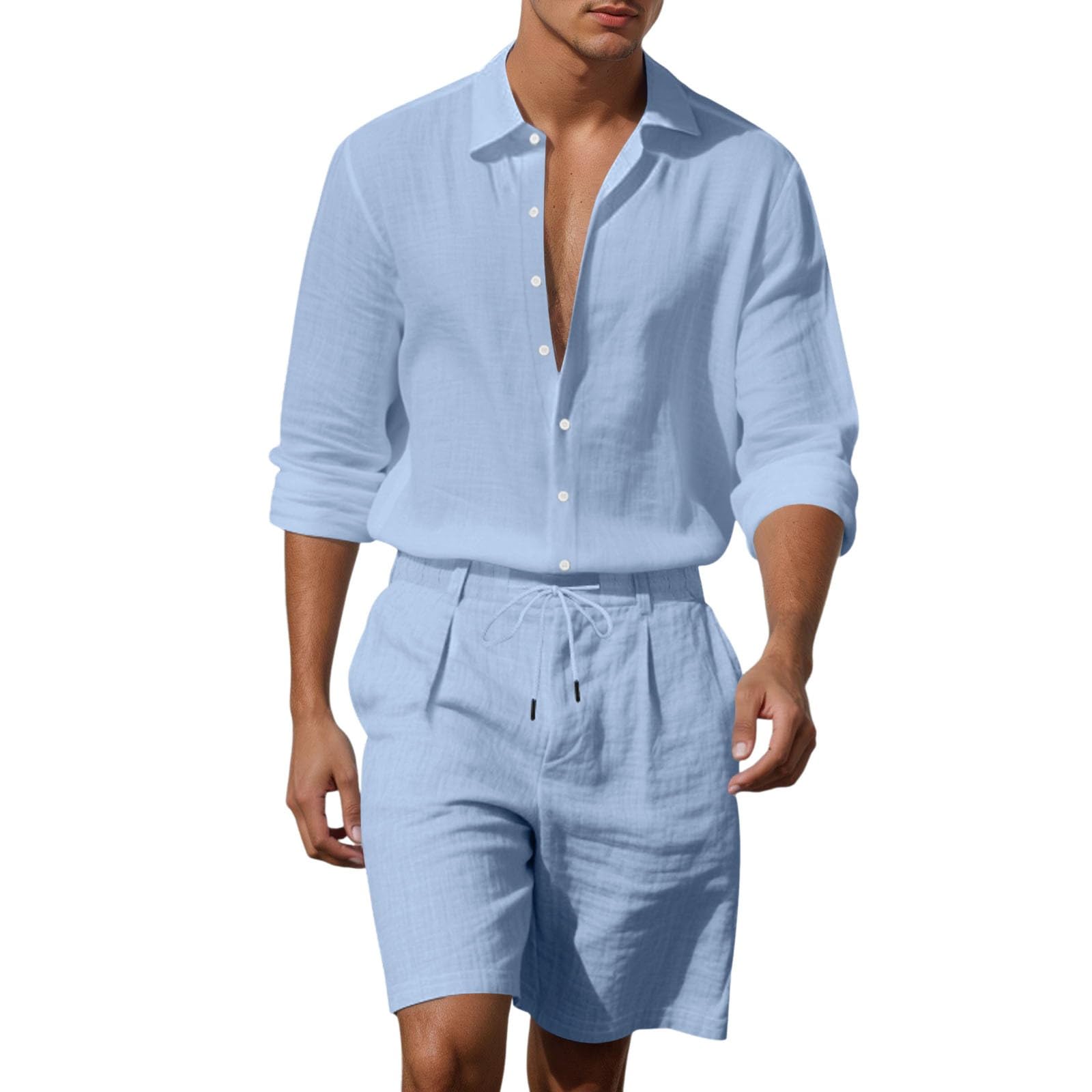 Traje de lino para hombre, camisa corta de verano y pantalones cortos, camisa de lino con botones, camisa de lino de gran tamaño, camisa de manga corta y pantalones cortos, traje informal de