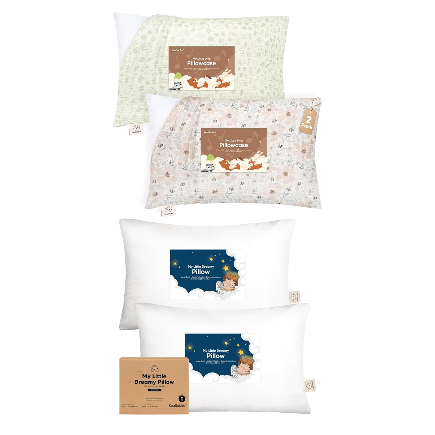 KeaBabies Muslin Toddler Pillowcase and 2-Pack Toddler Pillow - Cotton Muslin Pillow Case for Kids, Soft and Breathable Sleeping Set for Kids Boys and Girls