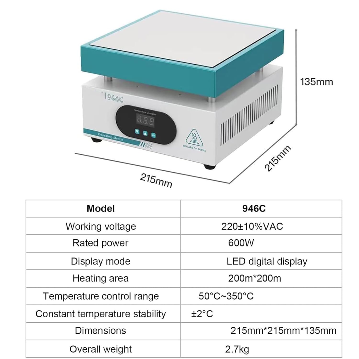 Estación De Precalentamiento De Placa Calefactora Electrónica, Placa De Soldadura De Precalentamiento De 600 W, Rango De Temperatura De 50 ℃ A 350 ℃, con Pantalla Digital Led, Área De