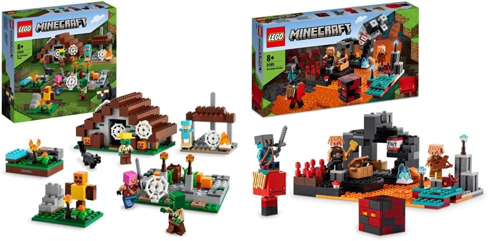 LEGO 21190 Minecraft The Abandoned Village Construction Set With Zombie Hunter Campsite & 21185 Minecraft The Nether Bastion Set, Battle Action Toy with Mob, Gift for Kids Age 8 Plus