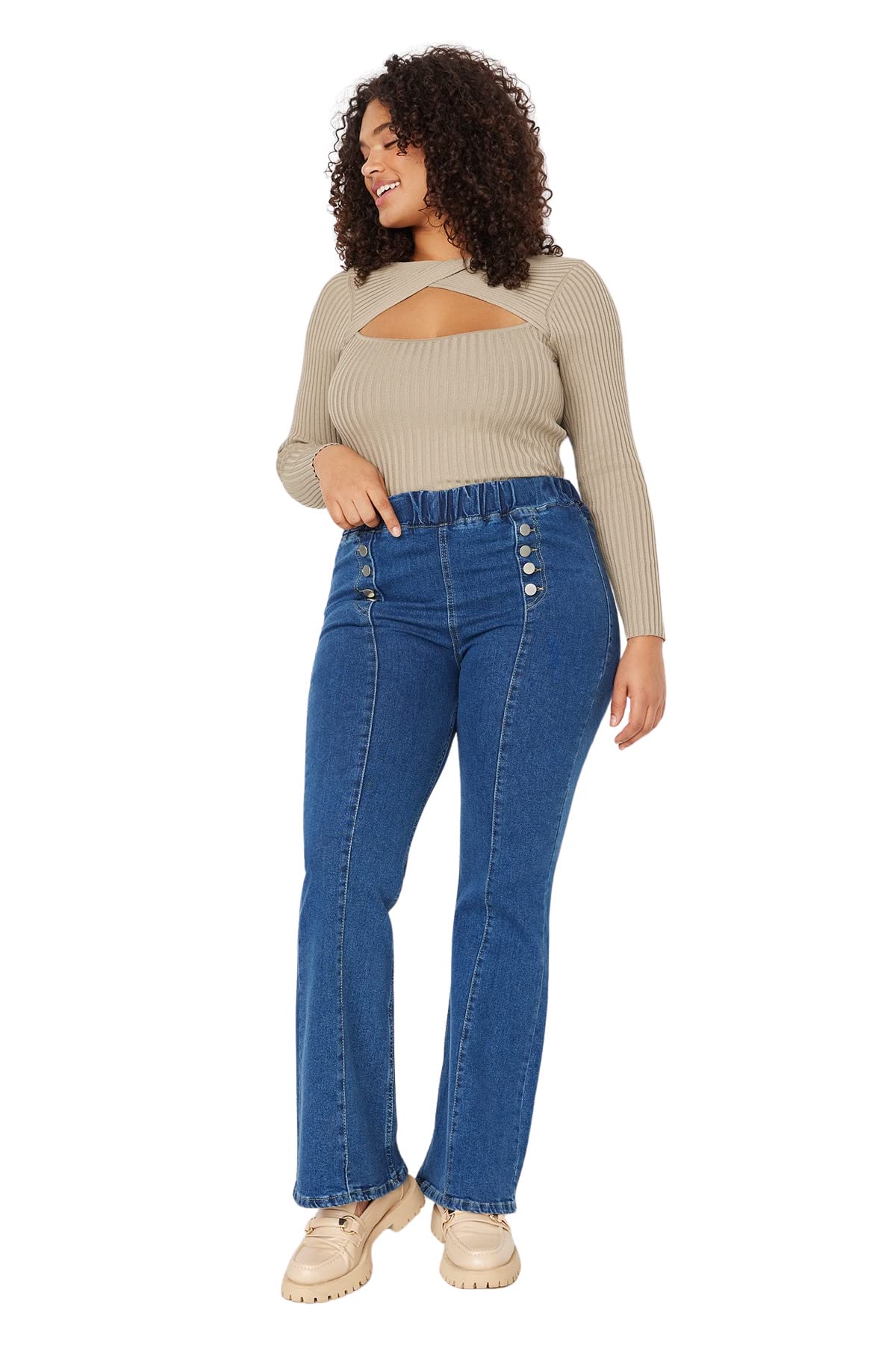 Trendyol Women Plus Size High Waist Straight Leg Plus Size Jeans,Blue,44