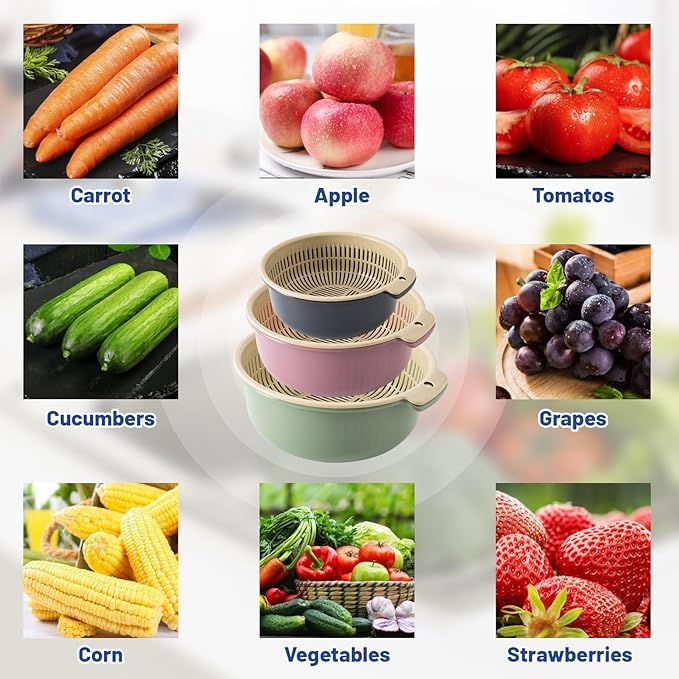 Large Kitchen Strainer Colander Bowl Sets,Double-Layer Plastic Fruits Vegetable Washing Basket - Image 4