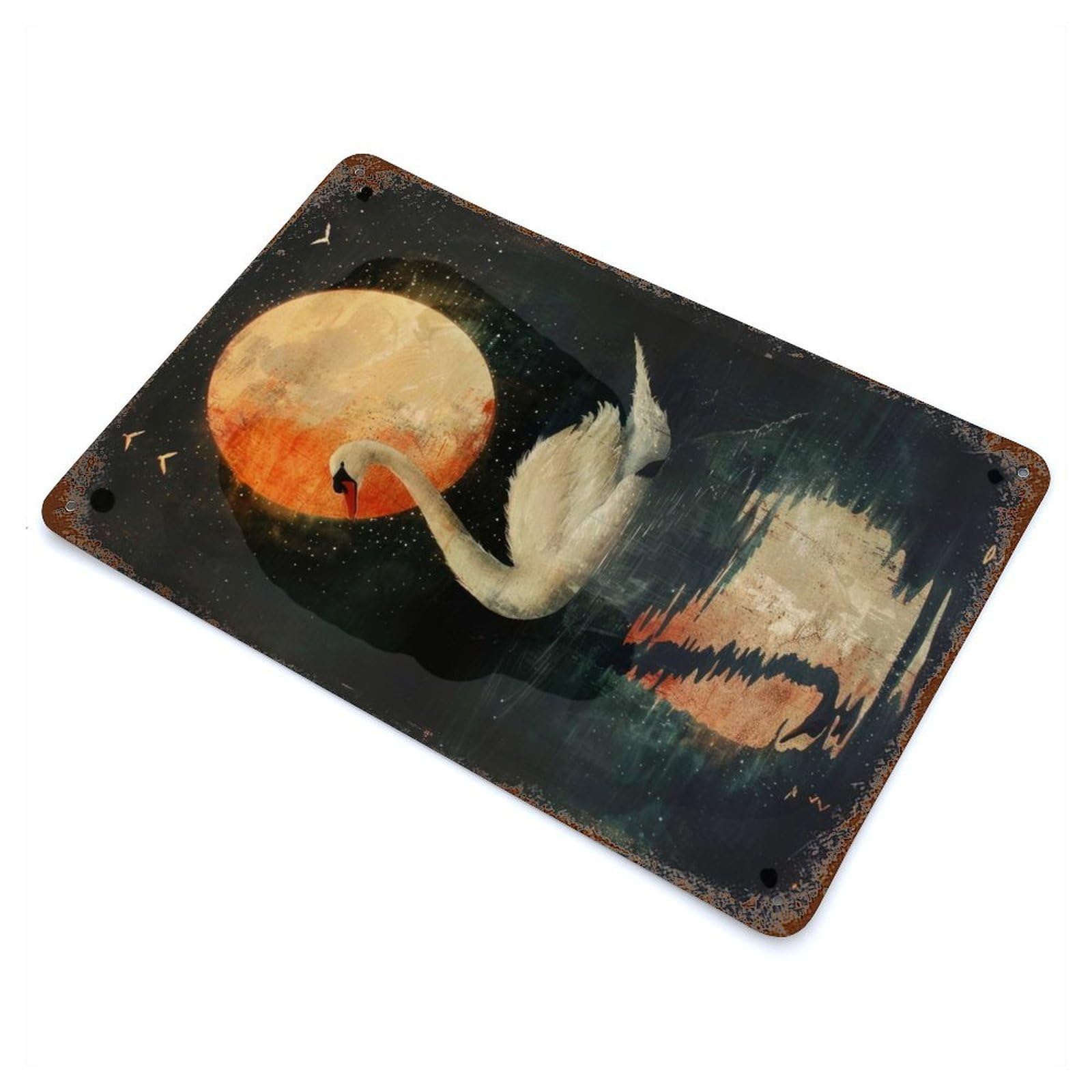 Swan And Moon Rusty Metal Tin Sign 11.8"x7.9", for Living Room, Hallway And Home Decor, Old School Wall Decor