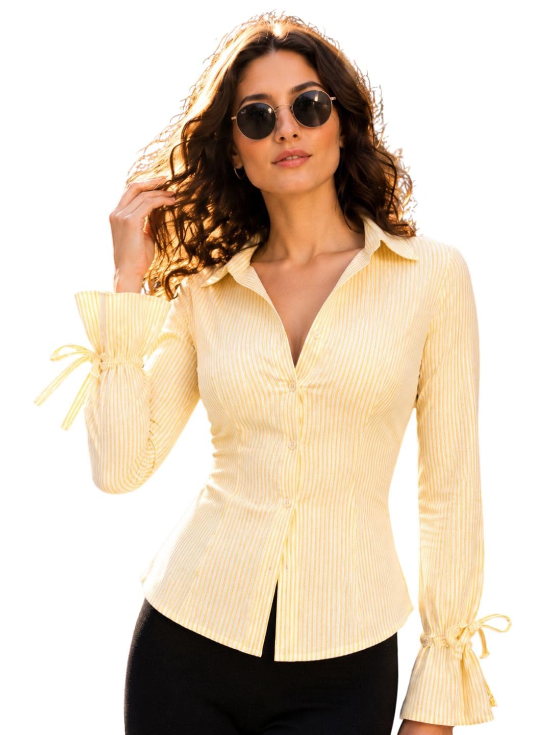 Women's Striped Button Front Collared Shirt with Tie Cuff Long Sleeve-picture-17
