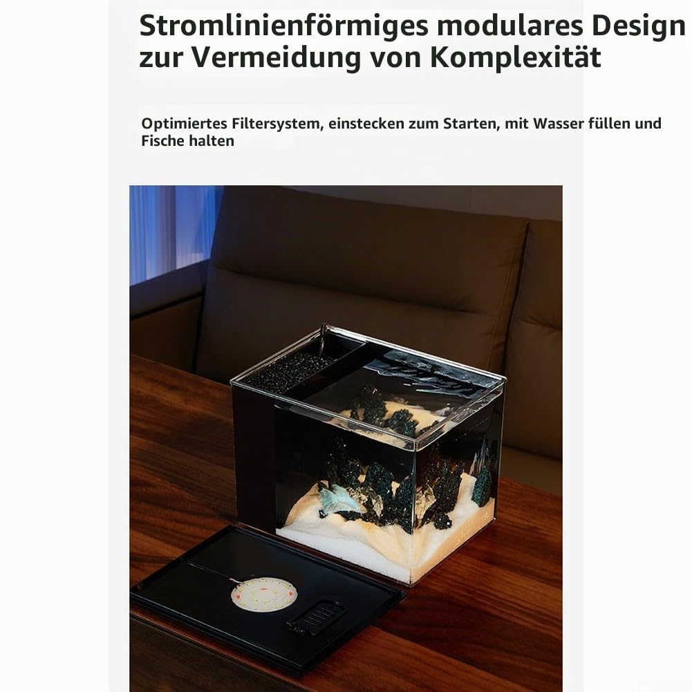 Selbstzirkulierendes Aquarium mit LED-Licht und Filterpumpe, Desktop-Aquarium-Set für Heimbüro, geräuscharmes zylindrisches Kunststoff-Ökosystem-Becken für Anfänger (S)