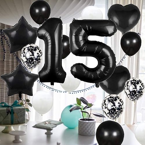 Miniatura 5 de GLZLMM Globo de cumpleaños de 15 años, decoraciones de cumpleaños número 15, globos negros de 15, suministros de fiesta de cumpleaños número 15,
