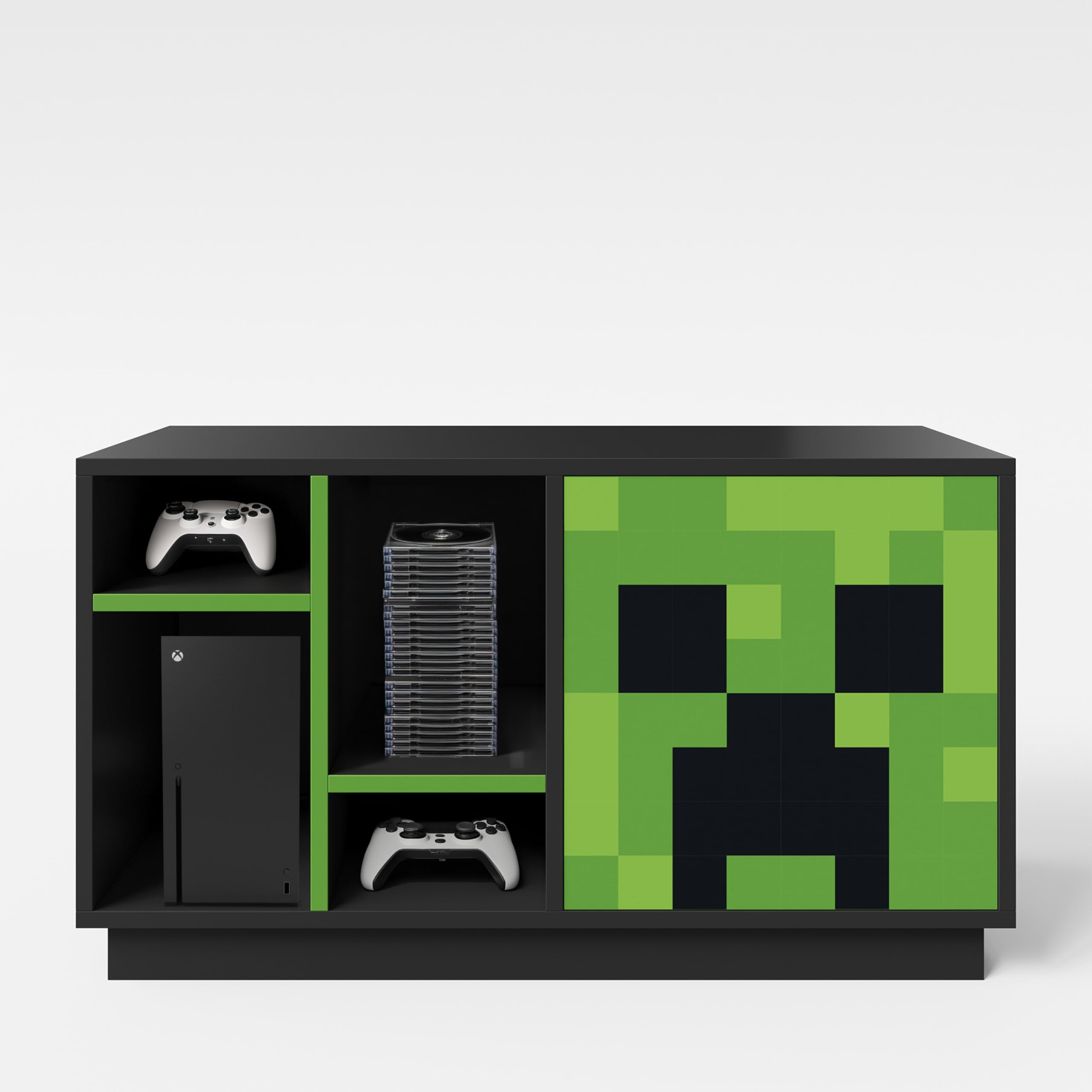 Minecraft Meuble TV avec éclairage LED – Lowboard Gamer avec Porte vitrée Creeper, 3 étagères Ouvertes, 1 Niche Console et Passe-câbles – 108x61x37cm, Noir