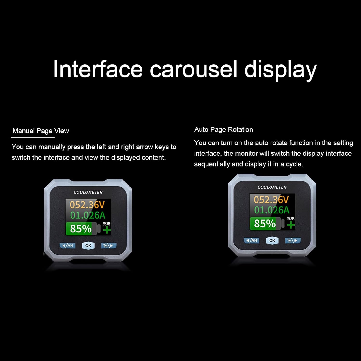 Comparison of manual and auto-rotation interface displays on the Walfront 50A Shunt Battery Monitor