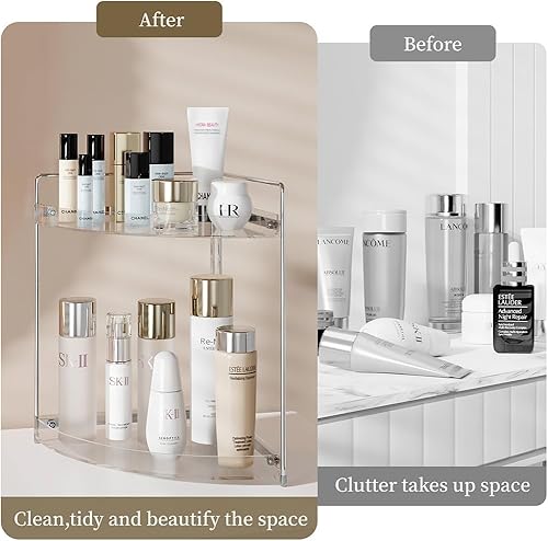 Miniatura 6 de Organizador de maquillaje de esquina de 2 niveles para tocador, organizador de encimera de baño acrílico, organizador de bandeja de perfume