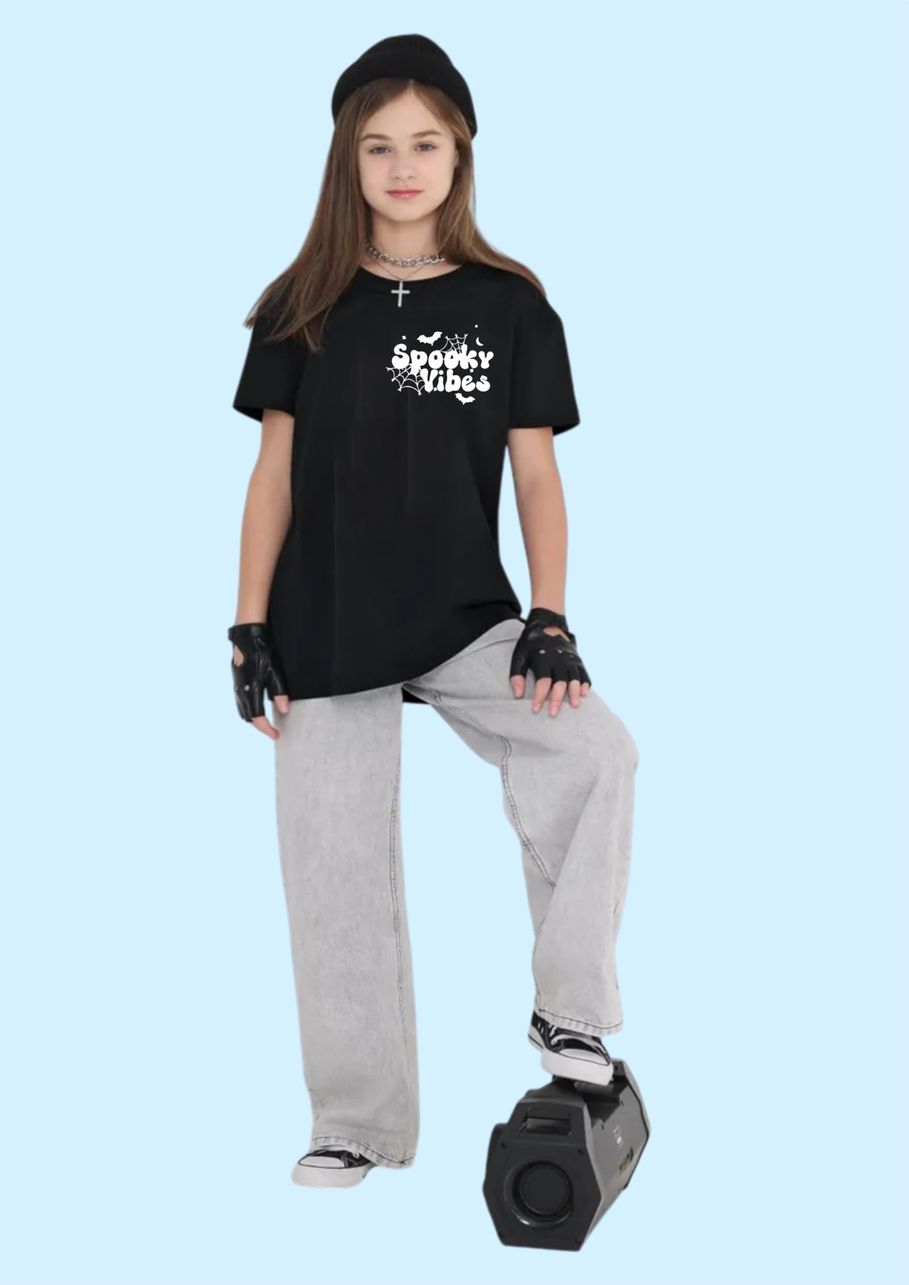Uniplanet Store Camiseta negra de mezcla de algodón, media manga, ajuste regular, espalda espeluznante, estampada, color negro