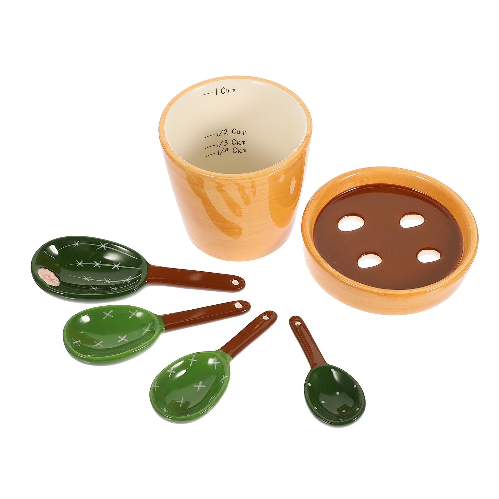 Amosfun Juego de Cucharas Medidoras Función para Hornear de Cerámica Soporte Práctico y Diseño Creativo Forma de Cactus y Maceta, Capacidad 290ml para Cocina
