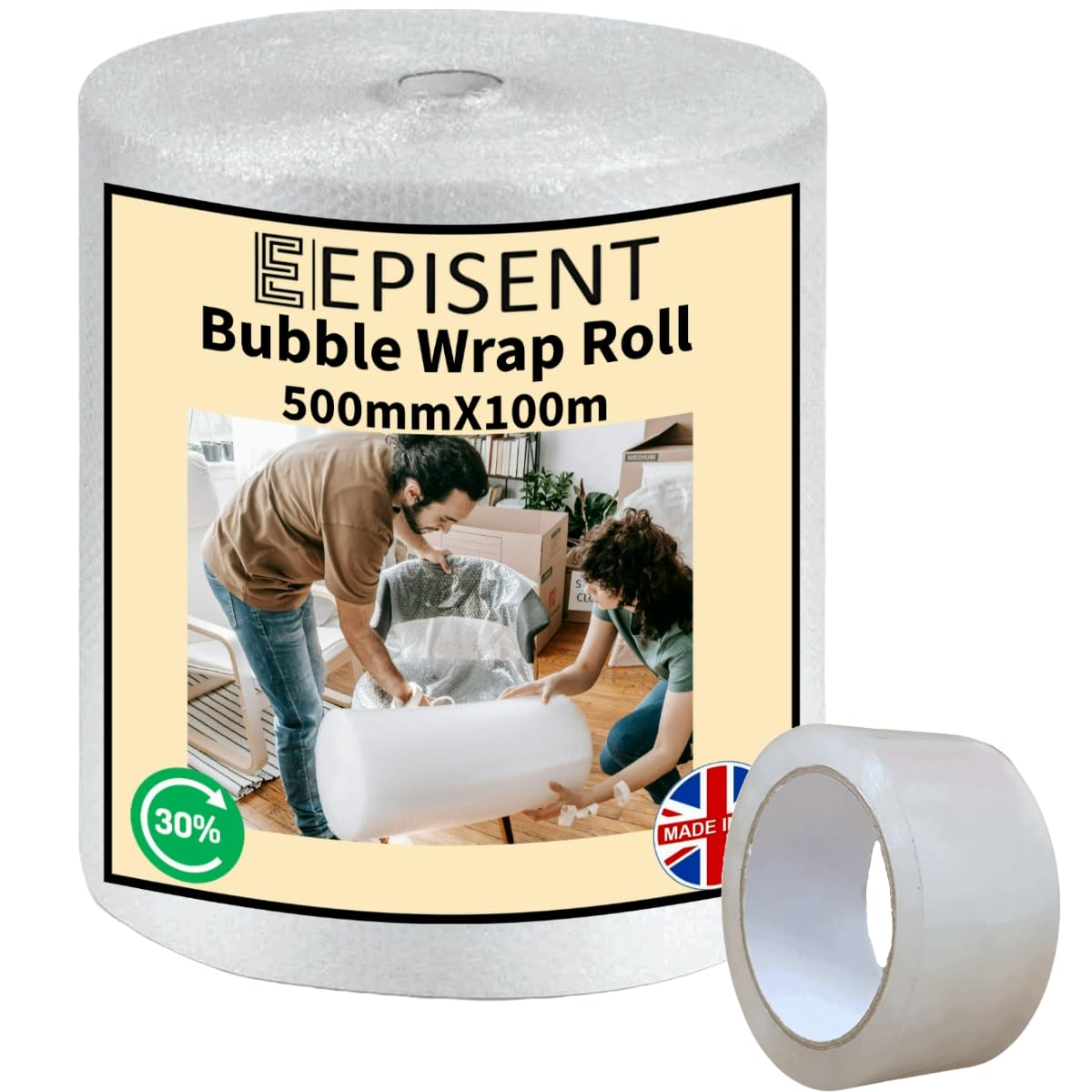 EPISENT Premium Bubble Wrap 500mm x 100m with FREE Clear Packaging Tape, Strong Packing Roll for House Moving, Shipping & Storage, Small Air Bubbles for Packaging Supplies