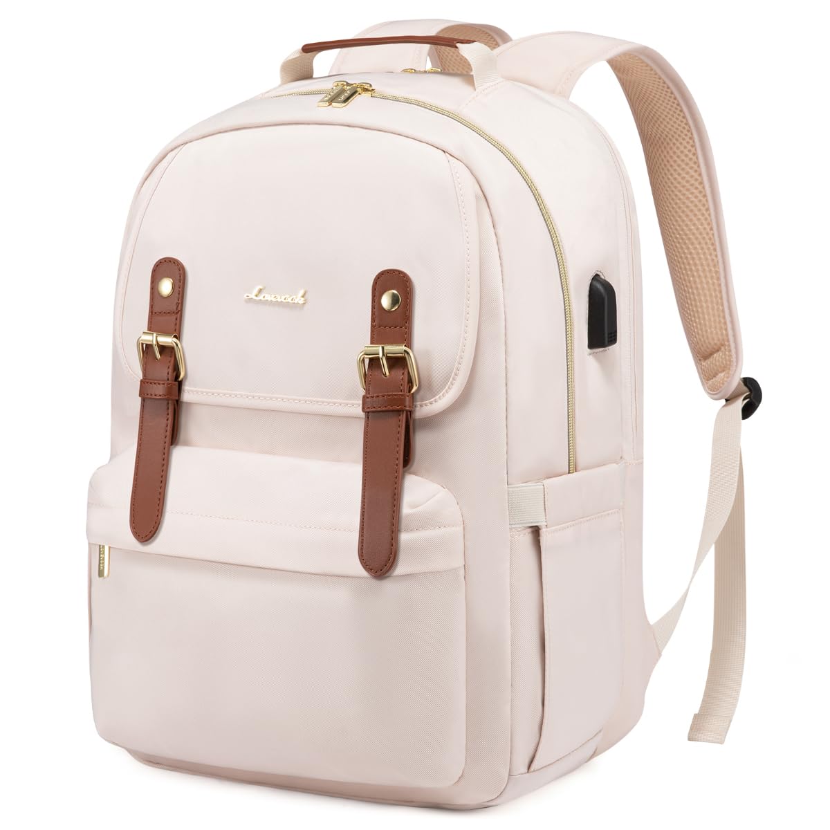 LOVEVOOKLaptop Backpack for Women Fashion College Casual Daypacks Stylish Travel Backpack Fits up to 15.6Inch Laptop with USB Charging Port (Beige)