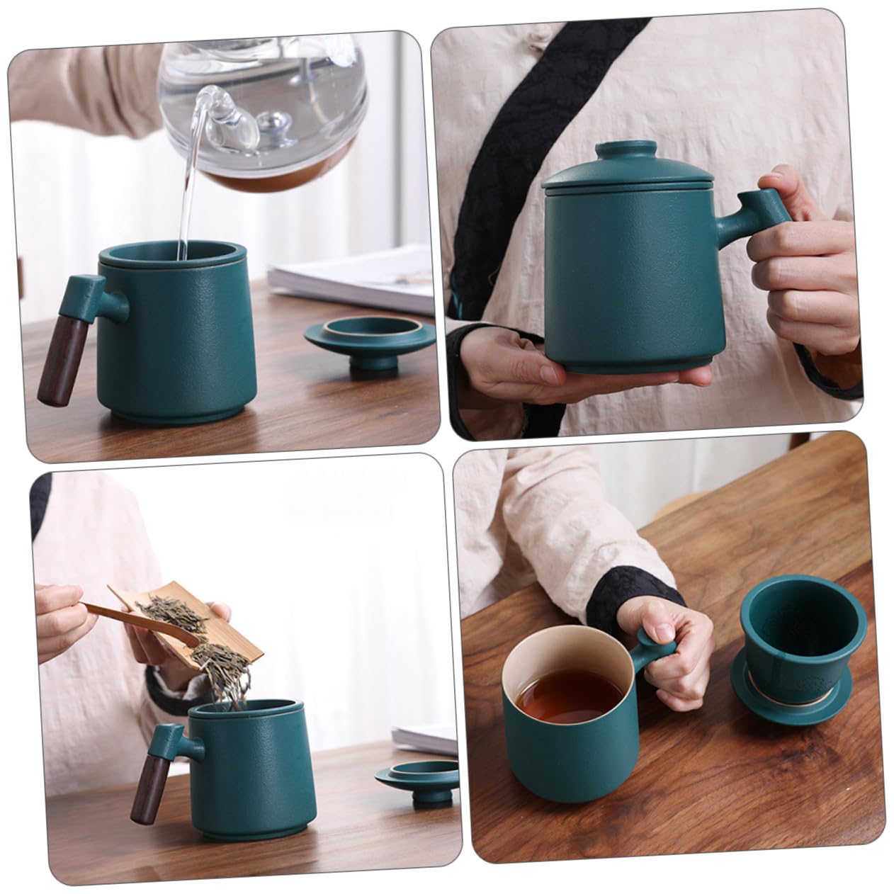 Mikinona Juego de Tazas de Cerámica Verde de 400ml con Infusor y Tapa, Mango de Madera, Diseño Clásico Retro, Antiescaldado y Fácil Limpieza para Té o Café