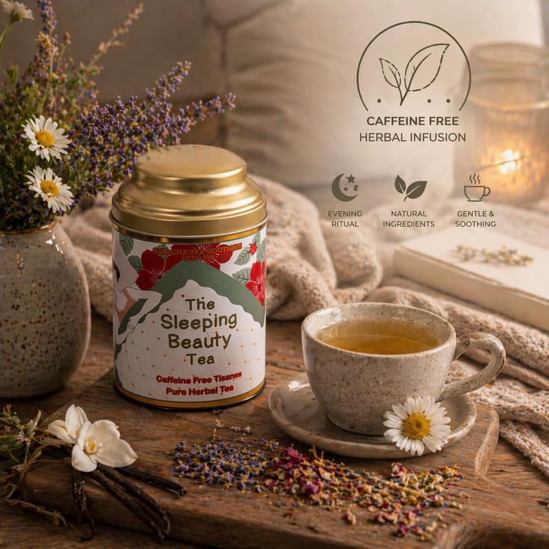 Image of Sancha Tea Boutique, Sleeping Beauty Herbal Infusion, 30g Loose Leaves, Finest Herb Tisane for Sleep & Bedtime, Blended with Rose /Lavender /Vanilla /Chamomile /Vanilla