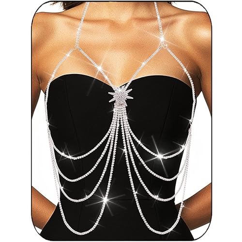 BODIY Sparkly Silver Chest Jewelry Rhinestone Layered Body Chain Star Bikini Body Jewelry Crystal Body Accessories for Women