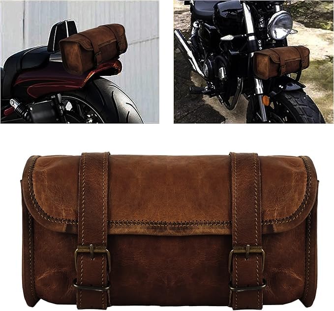 american blue Borsa da moto vintage, in vera pelle di capra, con fibbia a 2 cinghie e chiusura rapida, borsa porta attrezzi marrone, rinforzata, per manubrio, forcelle, borsa da bicicletta (motivo 5)